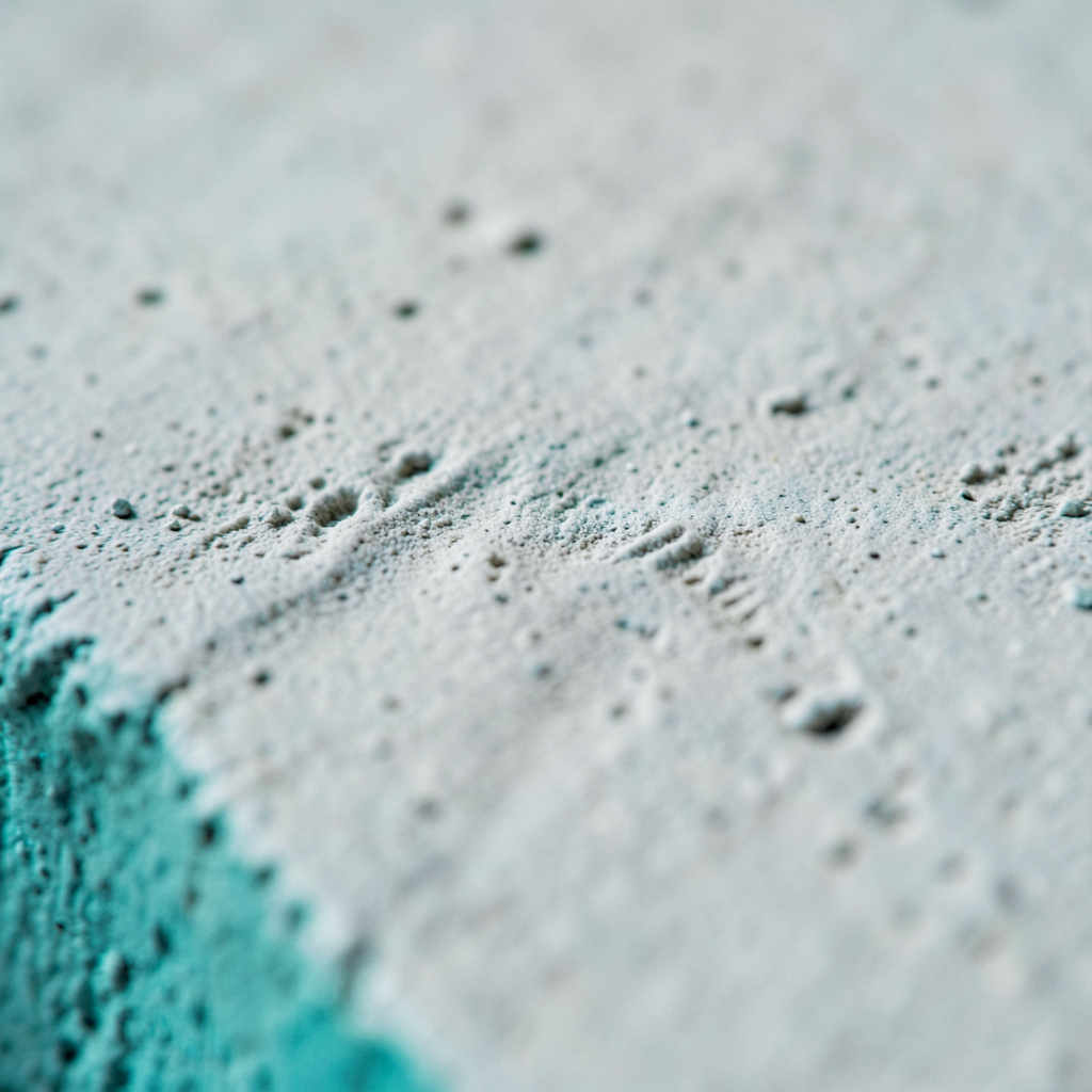 Extreme close-up of brushed concrete in pale gray, with subtle pitting and a soft, powdery surface texture catching gentle light