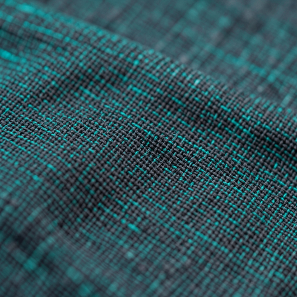 Extreme close-up of woven fabric in charcoal gray, showing the fine cross-hatch of threads and a muted, tactile surface